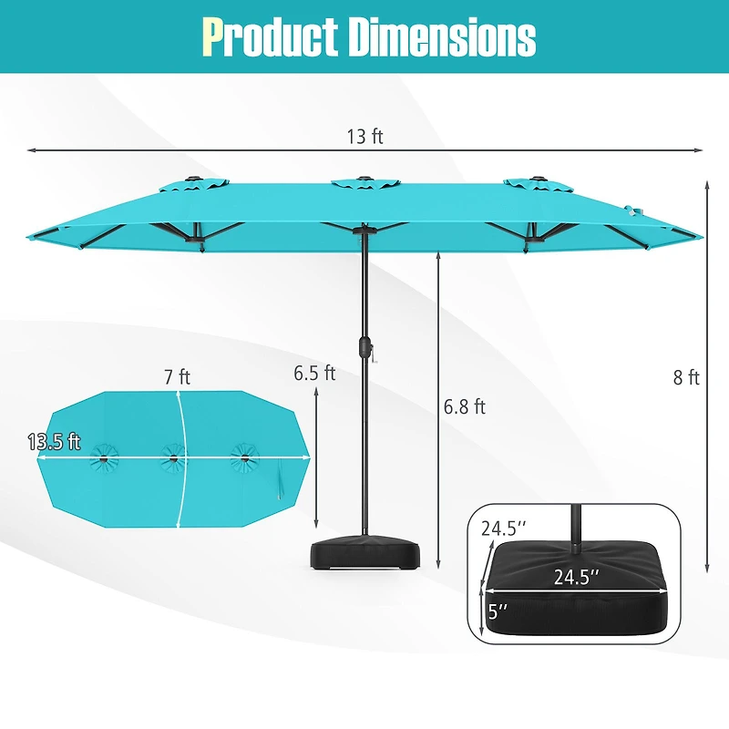 13 Feet Double-Sided Patio Twin Table Umbrella, Crank Handle - Turquoise