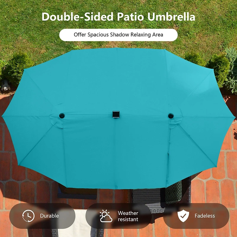 15 Feet Twin Patio Umbrella, 48 Solar LED Lights - Turquoise