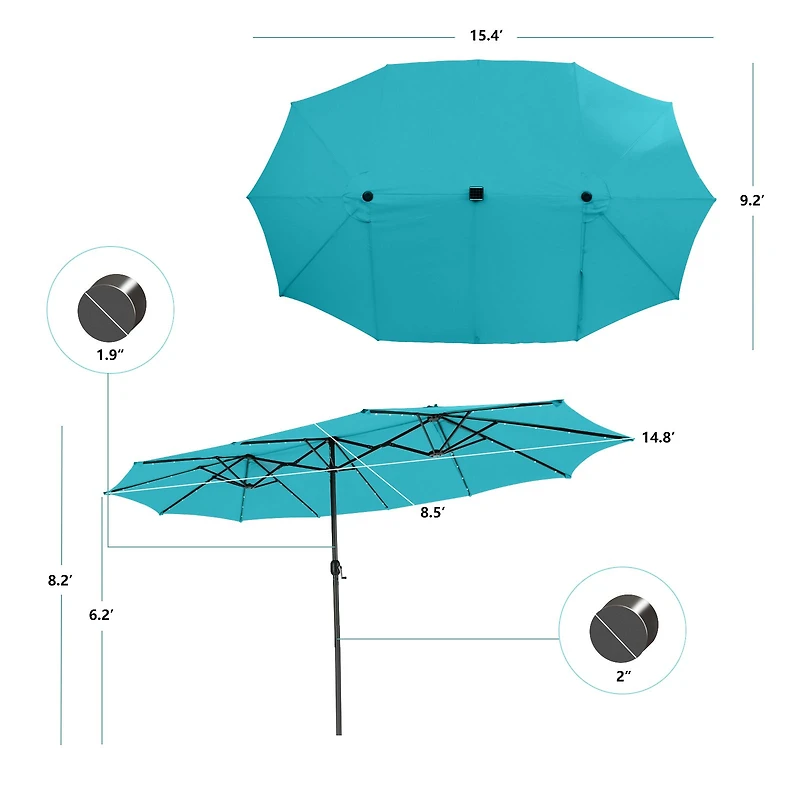 15 Feet Twin Patio Umbrella, 48 Solar LED Lights - Turquoise