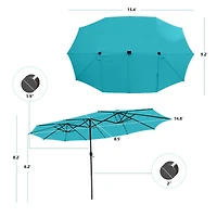 15 Feet Twin Patio Umbrella, 48 Solar LED Lights - Turquoise