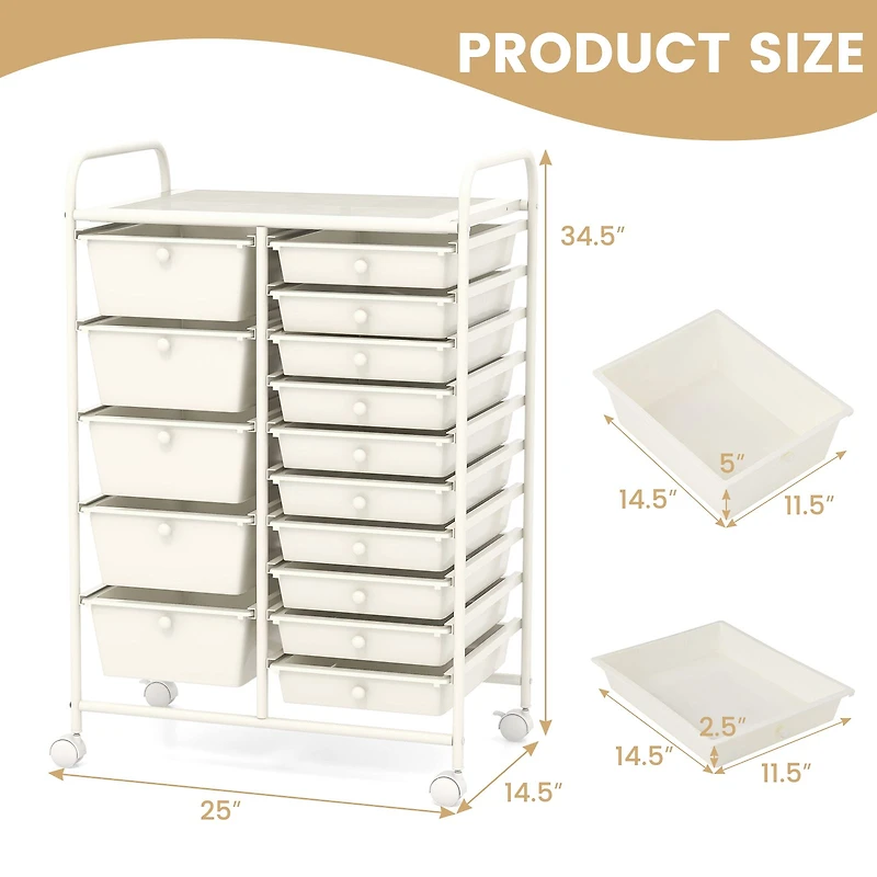 15-Drawer Utility Rolling Organizer Cart Multi-Use Storage