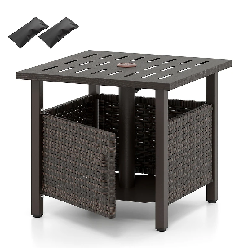 Outdoor Side Table, 1.93" Umbrella Hole All-Weather PE Wicker Patio Umbrella Table - Brown