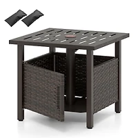 Outdoor Side Table, 1.93" Umbrella Hole All-Weather PE Wicker Patio Umbrella Table - Brown