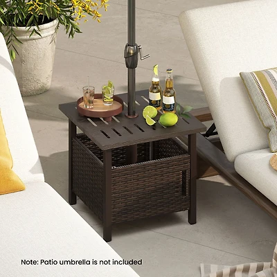 Outdoor Side Table, 1.93" Umbrella Hole All-Weather PE Wicker Patio Umbrella Table - Brown