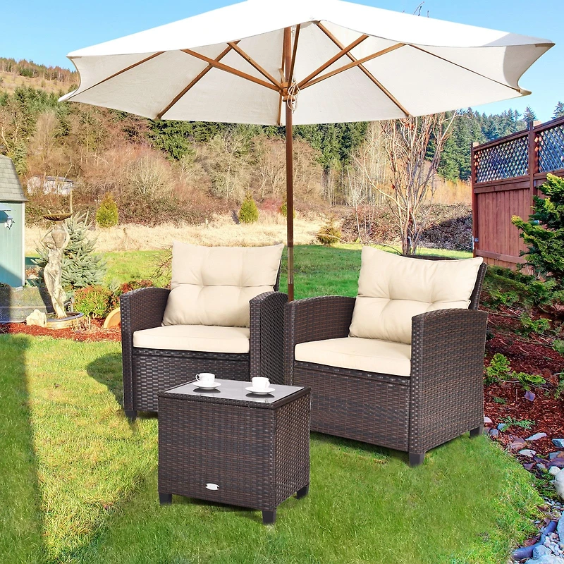 Ensemble de salon jardin en rotin rembourré 3 pièces, table basse