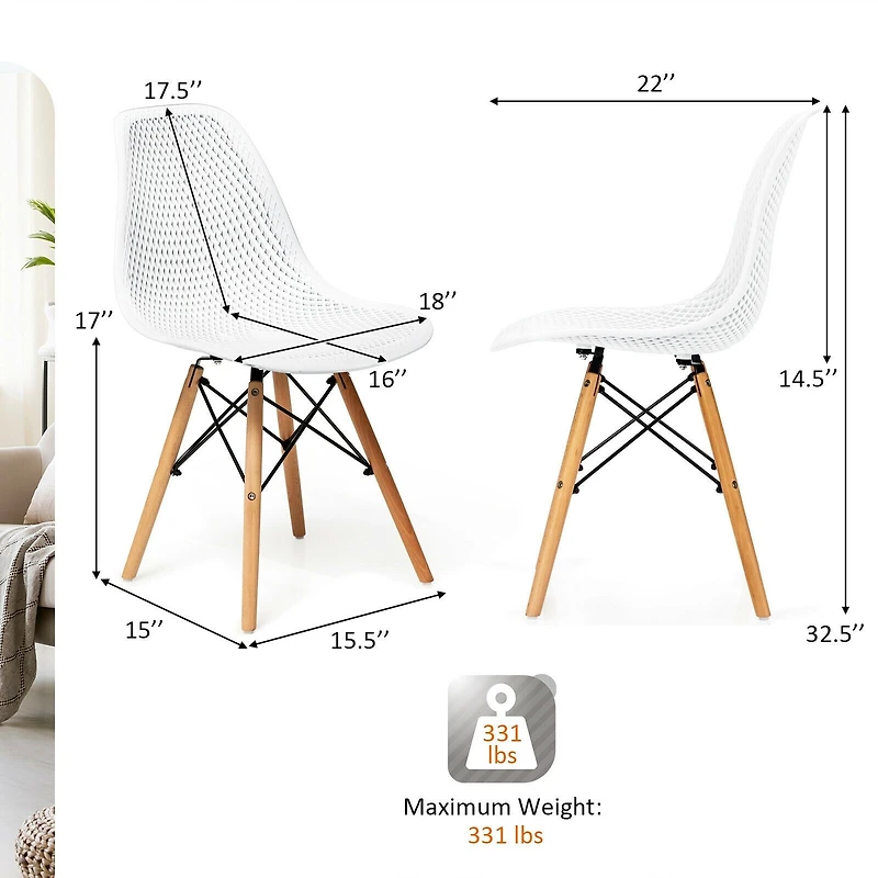 4-Piece Modern Plastic Hollow Chair Set with Wood Leg-White