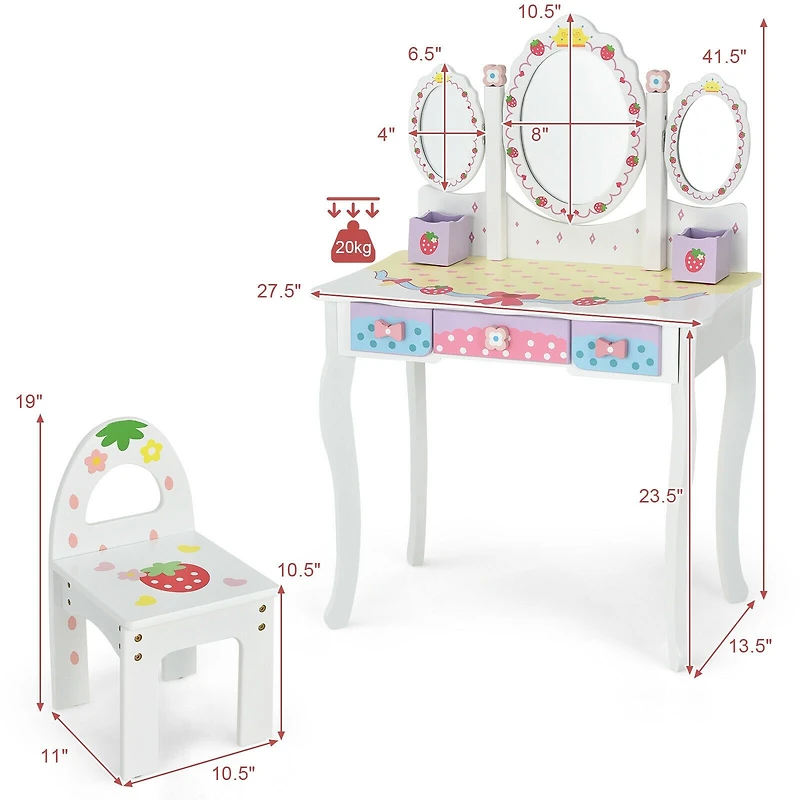 Ensemble coiffeuse pour enfants « Princesse », miroir à trois volets - Blanc