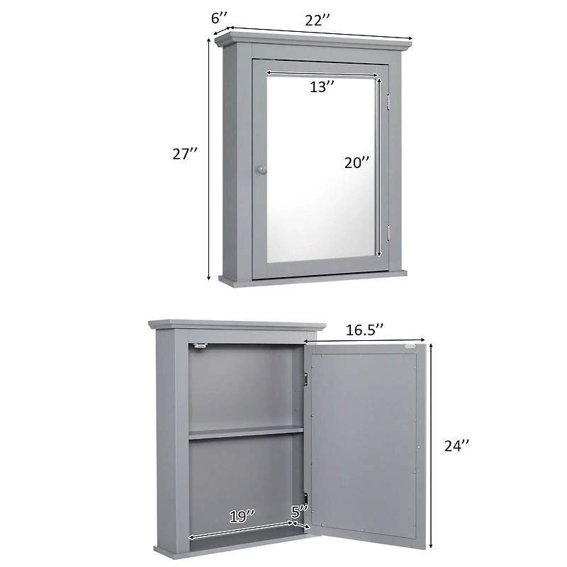 Bathroom Mirror Cabinet Wall Mounted Adjustable Shelf Medicine Storage - Gray