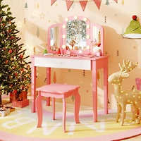 2-in-1 Kids Vanity Table Set, Tri-Folding Detachable Mirror and Lights