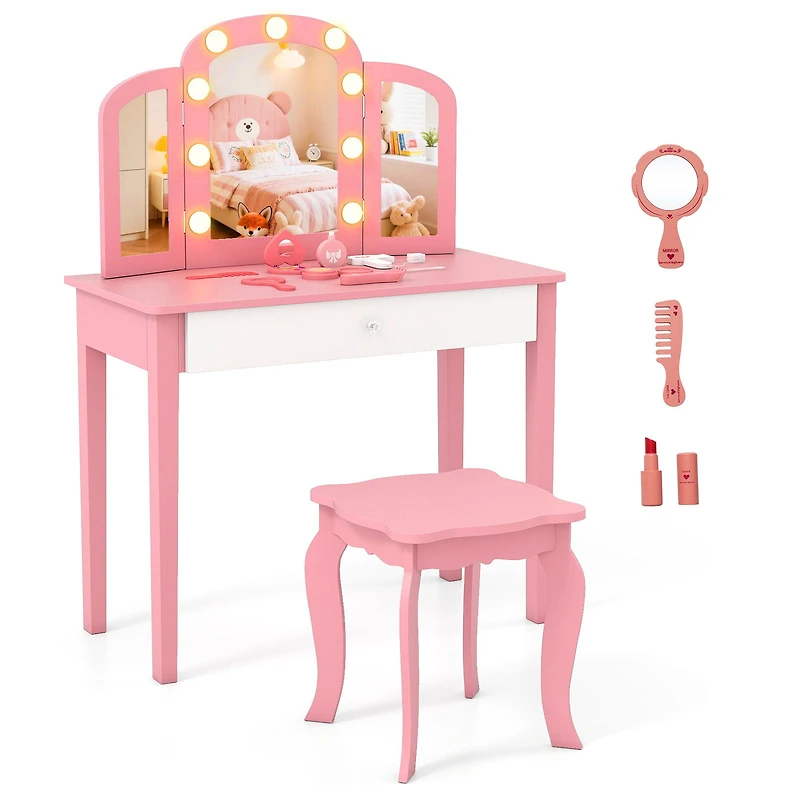 2-in-1 Kids Vanity Table Set, Tri-Folding Detachable Mirror and Lights