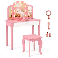 2-in-1 Kids Vanity Table Set, Tri-Folding Detachable Mirror and Lights