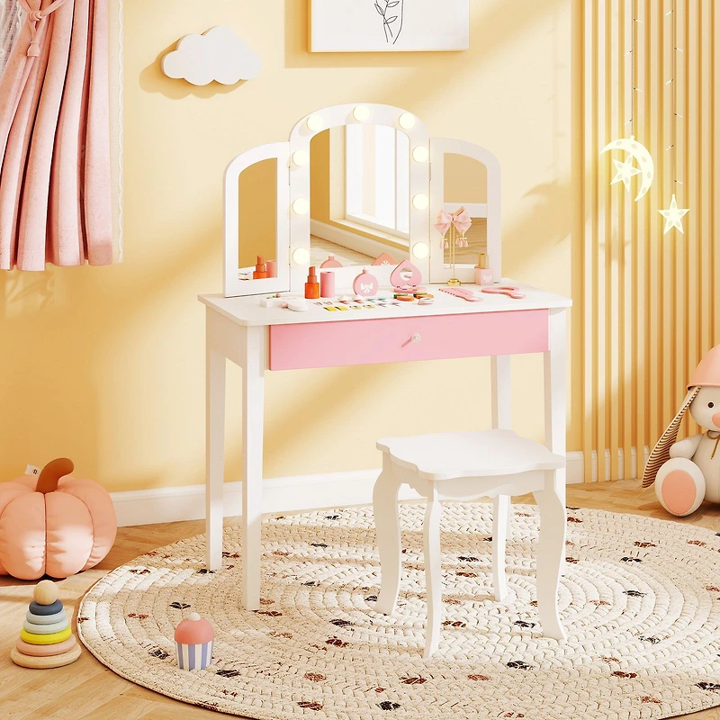 2-in-1 Kids Vanity Table Set, Tri-Folding Detachable Mirror and Lights