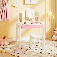 2-in-1 Kids Vanity Table Set, Tri-Folding Detachable Mirror and Lights