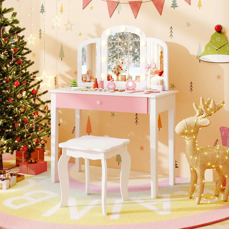 2-in-1 Kids Vanity Table Set, Tri-Folding Detachable Mirror and Lights
