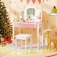 2-in-1 Kids Vanity Table Set, Tri-Folding Detachable Mirror and Lights