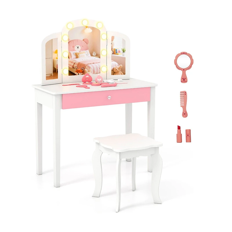 2-in-1 Kids Vanity Table Set, Tri-Folding Detachable Mirror and Lights