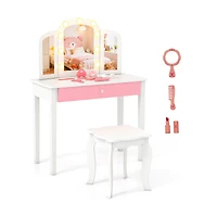 2-in-1 Kids Vanity Table Set, Tri-Folding Detachable Mirror and Lights