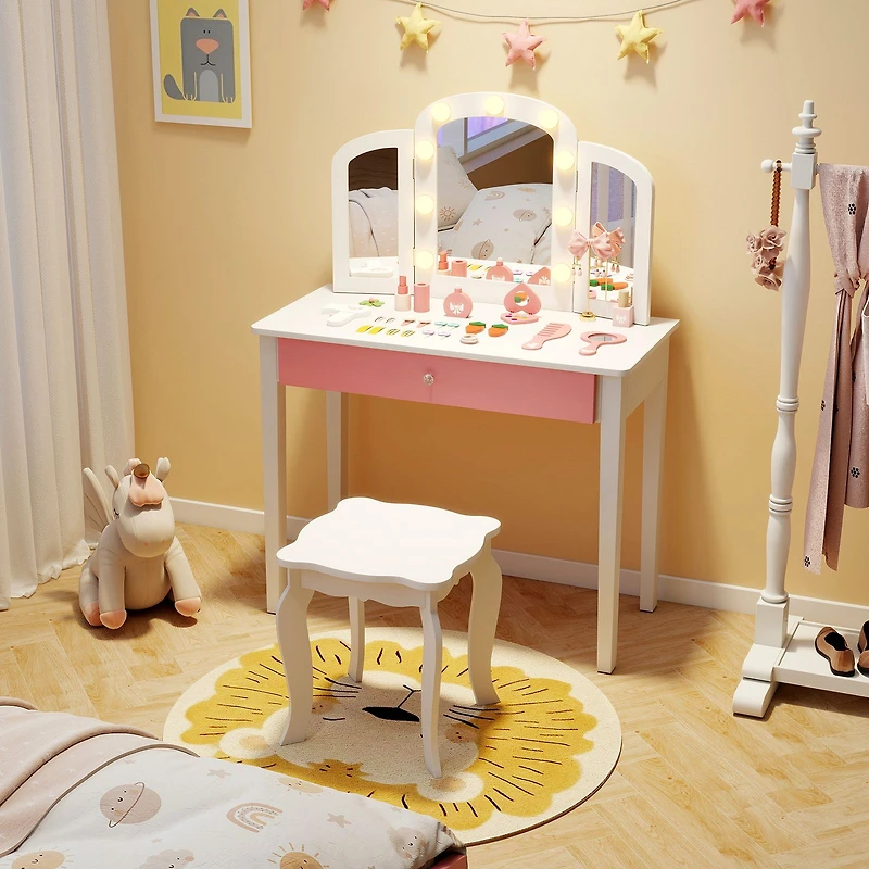 2-in-1 Kids Vanity Table Set, Tri-Folding Detachable Mirror and Lights
