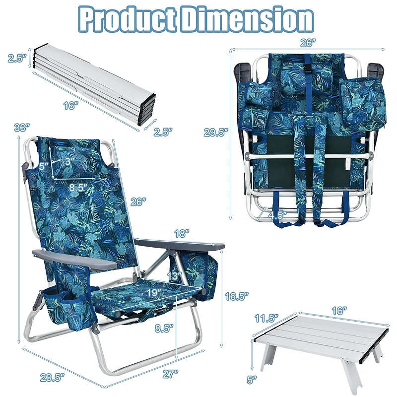 2 Packs 5-Position Outdoor Folding Backpack Beach Table Chair Reclining Set