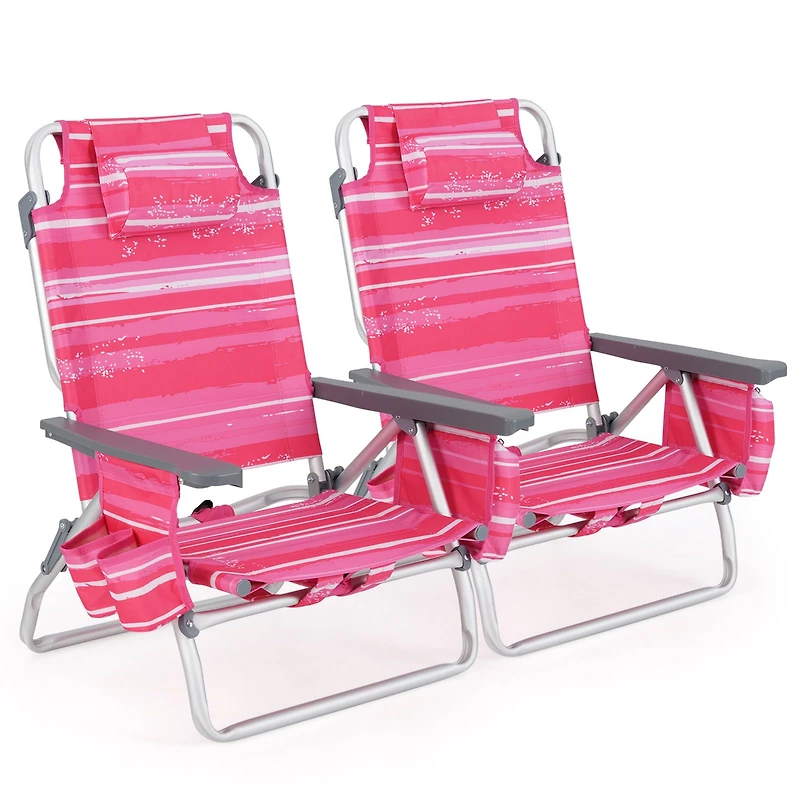 2-Pack Folding Backpack Beach Chair 5-Position Outdoor Reclining Chairs, Pillow