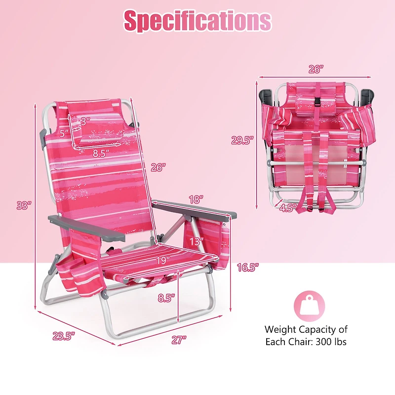 2-Pack Folding Backpack Beach Chair 5-Position Outdoor Reclining Chairs, Pillow