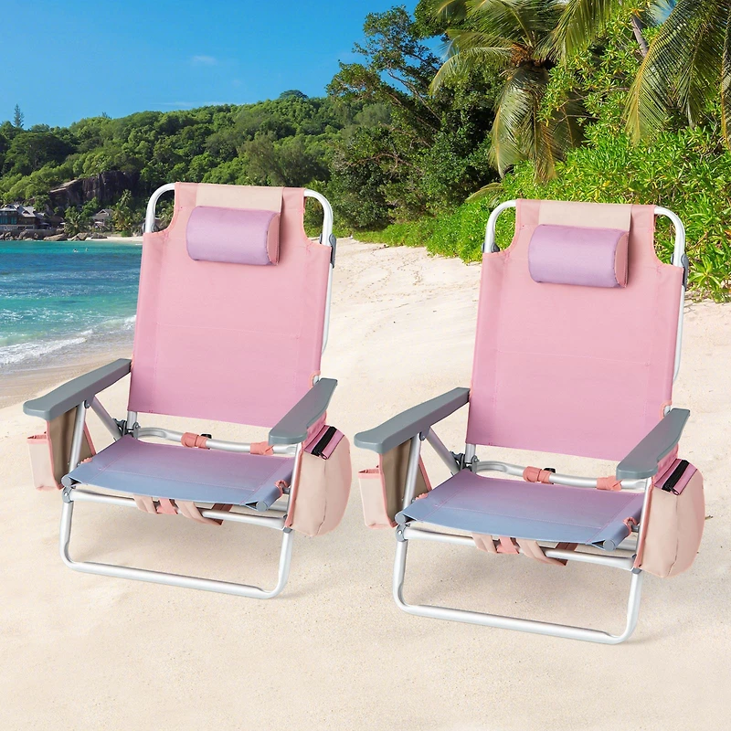 2-Pack Folding Backpack Beach Chair 5-Position Outdoor Reclining Chairs, Pillow