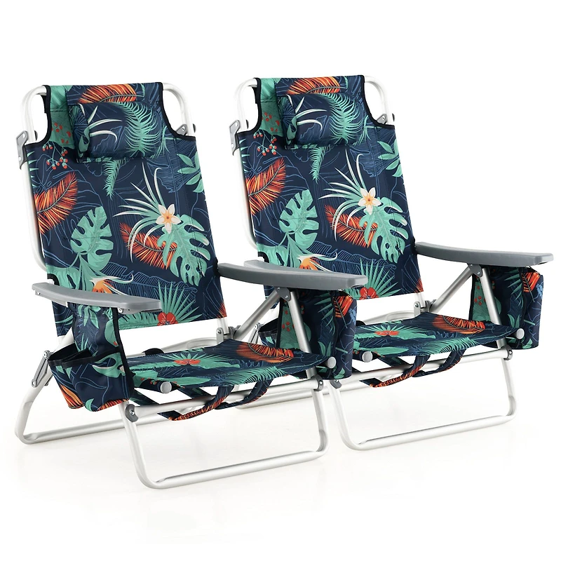 2-Pack Folding Backpack Beach Chair 5-Position Outdoor Reclining Chairs, Pillow