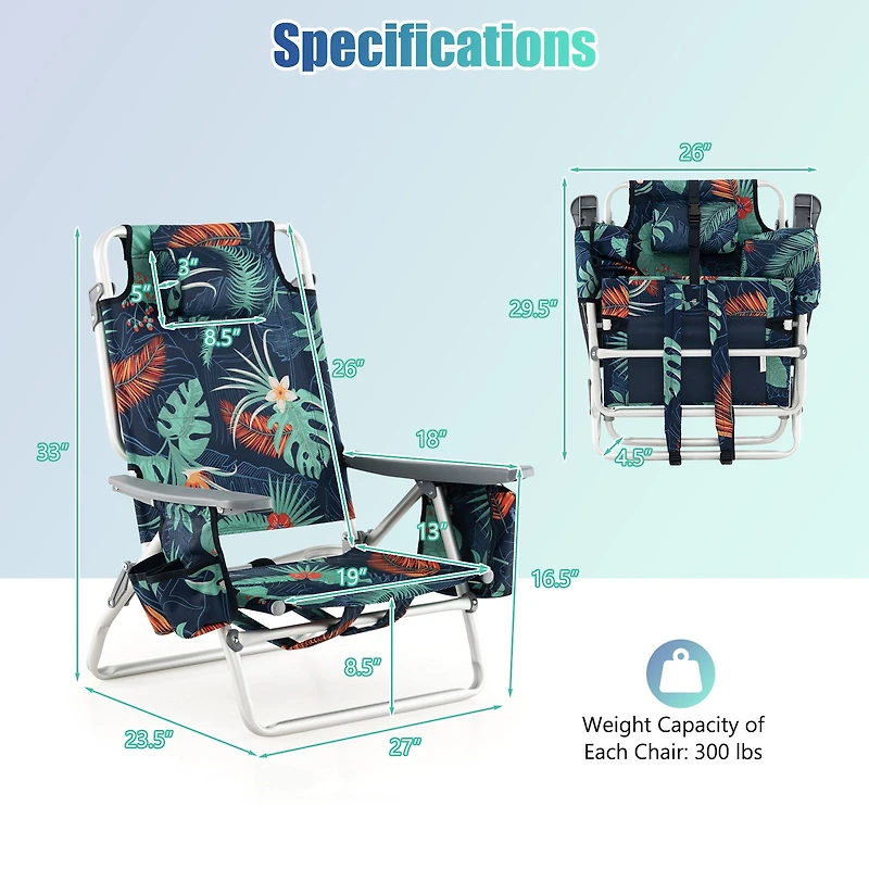 Ensemble de 2 chaises plage pliantes à dossier, inclinables d'extérieur 5 positions, coussin