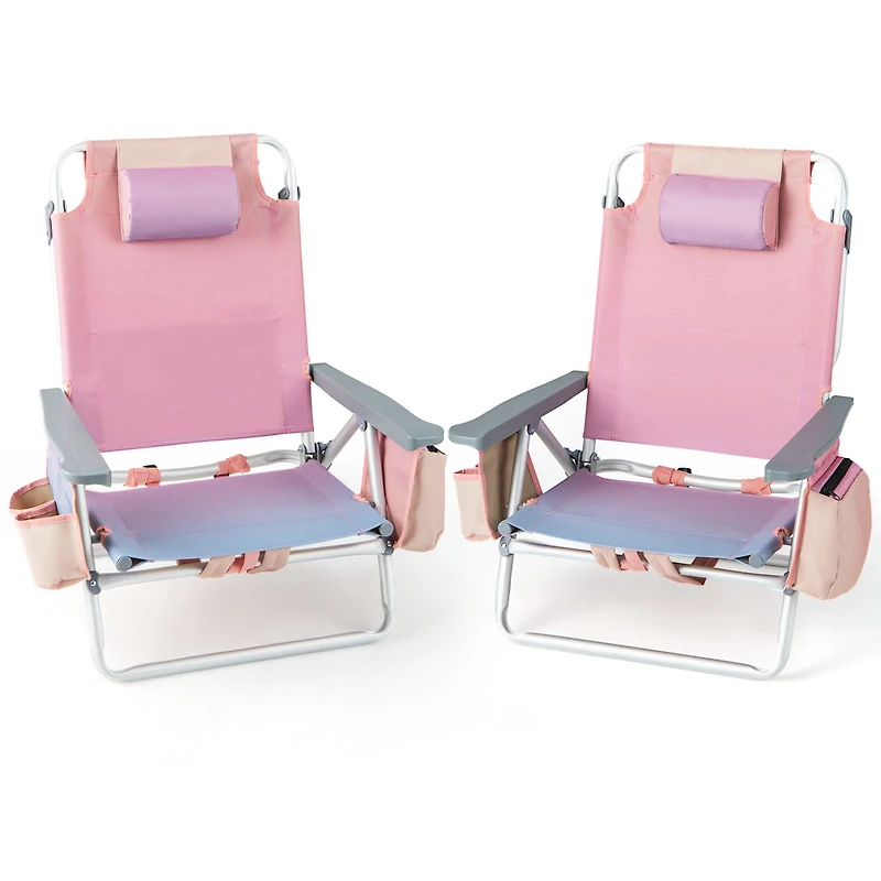 2-Pack Folding Backpack Beach Chair 5-Position Outdoor Reclining Chairs, Pillow