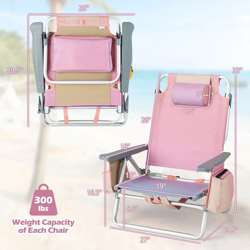 2-Pack Folding Backpack Beach Chair 5-Position Outdoor Reclining Chairs, Pillow