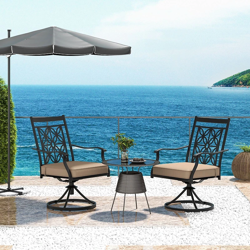 2-Piece Patio Swivel Dining Chairs, Blossom Pattern Backrest and Cushions - Black