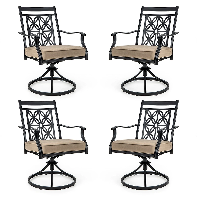 2-Piece Patio Swivel Dining Chairs, Blossom Pattern Backrest and Cushions - Black