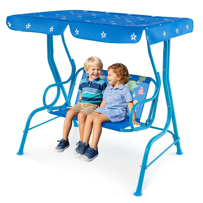 Balançoire d'extérieur pour enfants à 2 places, support métallique et auvent réglable