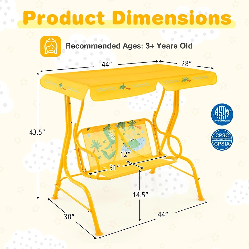 2-Seater Kids Patio Swing, Metal Stand and Adjustable Canopy
