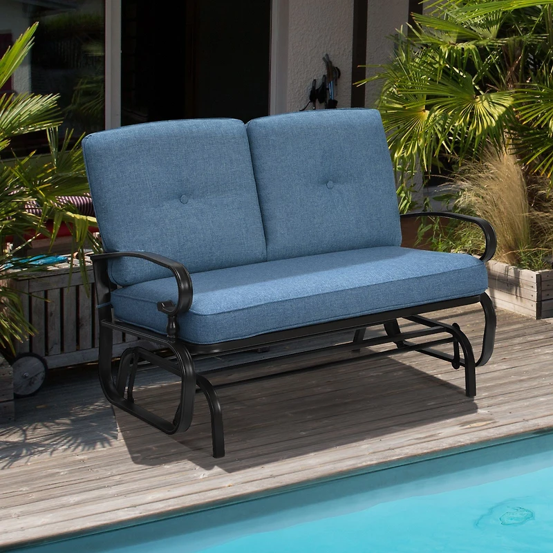 2 Seats Outdoor Swing Glider Chair, Comfortable Cushions - Blue