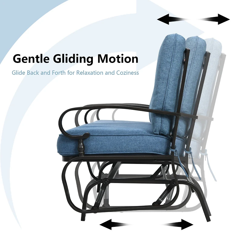 2 Seats Outdoor Swing Glider Chair, Comfortable Cushions - Blue