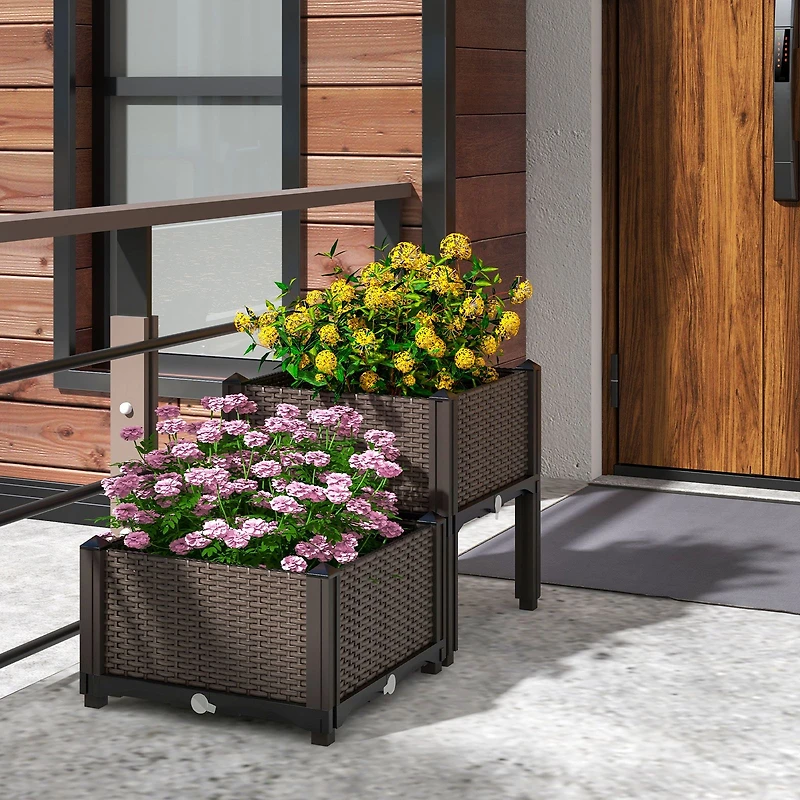 2 Set Elevated Plastic Raised Garden Bed Planter Kit, For Flower Vegetable Grow - Brown