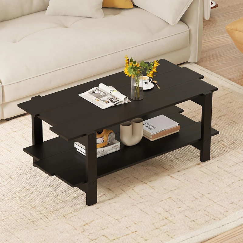 2-Tier Coffee Table Slatted Wood Center Table, Storage Shelf