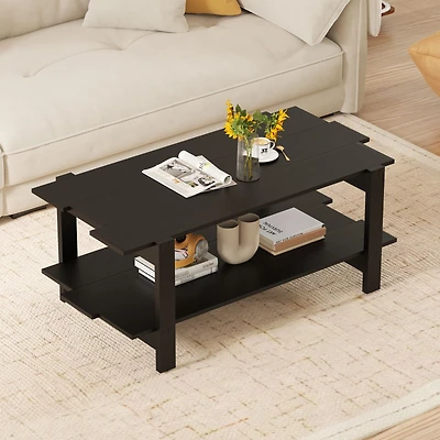 2-Tier Coffee Table Slatted Wood Center Table, Storage Shelf