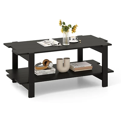 2-Tier Coffee Table Slatted Wood Center Table, Storage Shelf