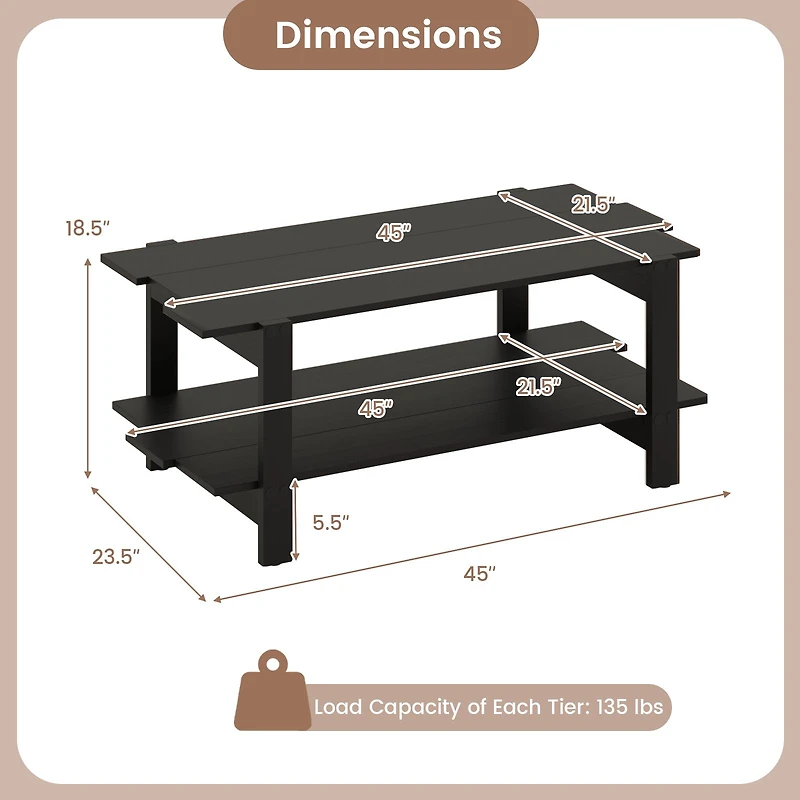 2-Tier Coffee Table Slatted Wood Center Table, Storage Shelf