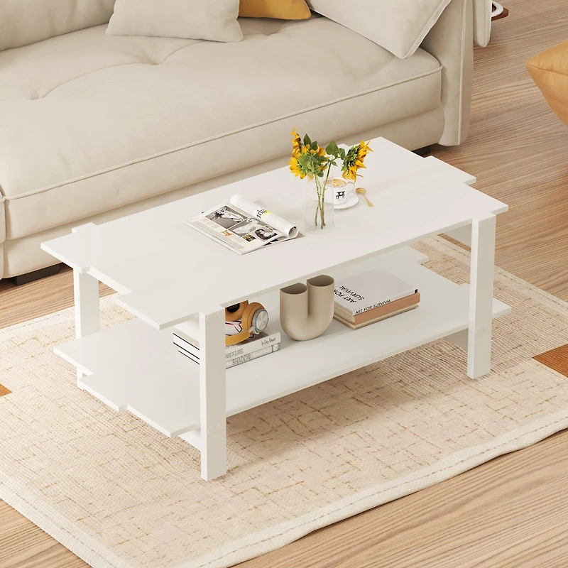 2-Tier Coffee Table Slatted Wood Center Table, Storage Shelf