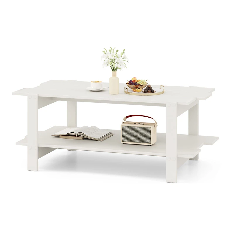 2-Tier Coffee Table Slatted Wood Center Table, Storage Shelf