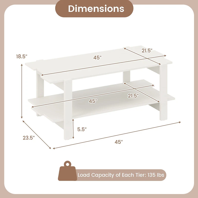 2-Tier Coffee Table Slatted Wood Center Table, Storage Shelf