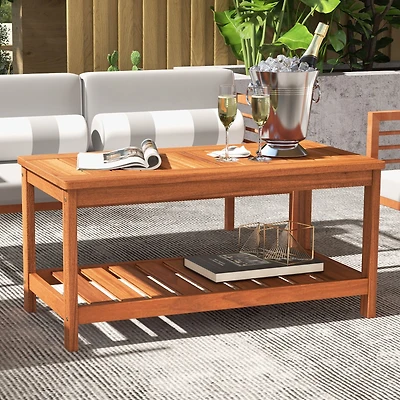 2-Tier Patio Coffee Table, Slatted Tabletop and Shelf