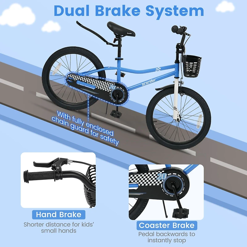 20" Kids Bike Adjustable, Kickstand and Storage Basket for Aged 8+ Years