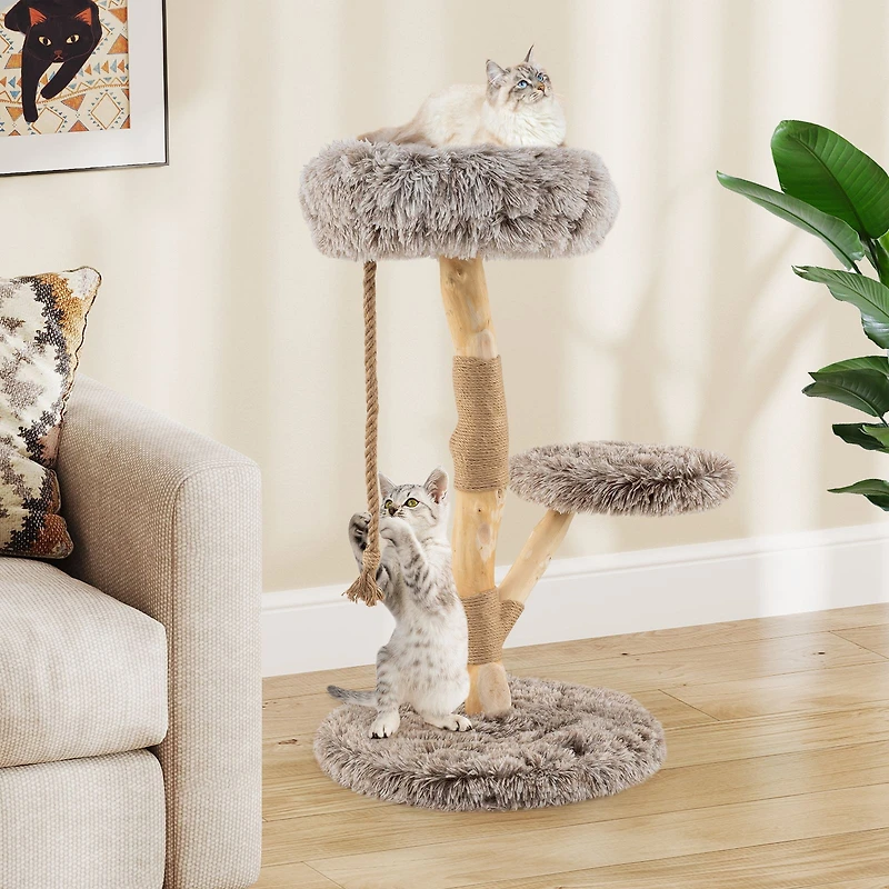 Modern Wooden Cat Tree Tower, Perch and Natural Jute Scratching Posts - Brown
