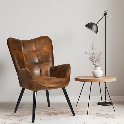 Modern Brown Suede Accent Chair with Black Metal Legs by Maison Classique