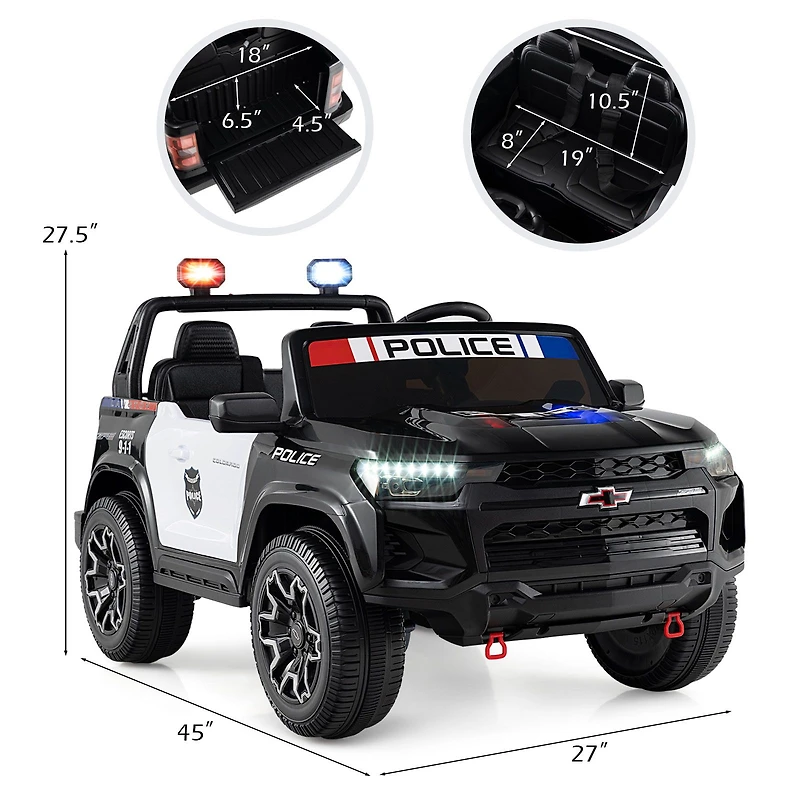 24V 2-Seater Ride on Police Car 4WD Chevrolet, Megaphone and LED Flashing Lights - Black