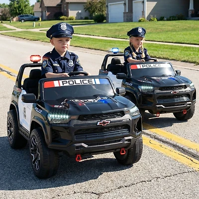 24V 2-Seater Ride on Police Car 4WD Chevrolet, Megaphone and LED Flashing Lights - Black
